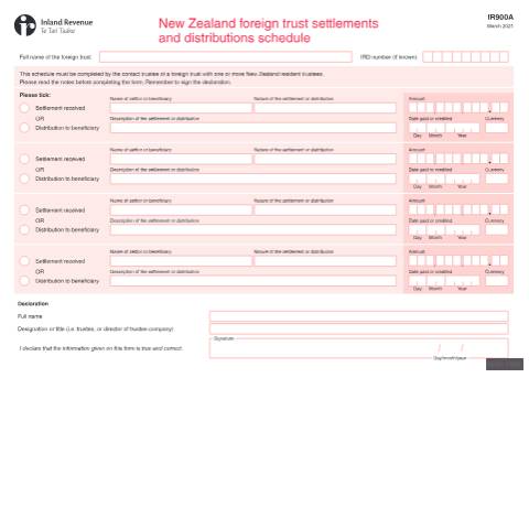 Document preview: New Zealand foreign trust settlements and distributions schedule — International, New Zealand (CERFA n°IR900A)
