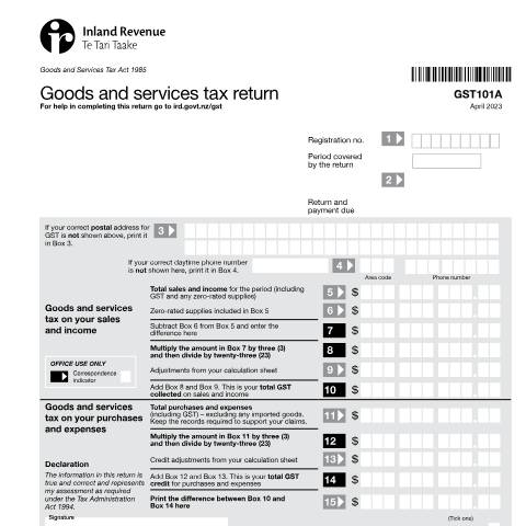 Document preview: Goods and services tax return — GST (goods and services tax), New Zealand (CERFA n°GST101A)