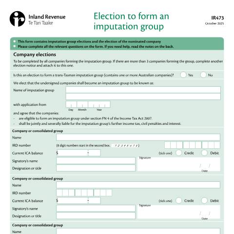 Document preview: Election to form an imputation group — Income tax, New Zealand (CERFA n°IR473)