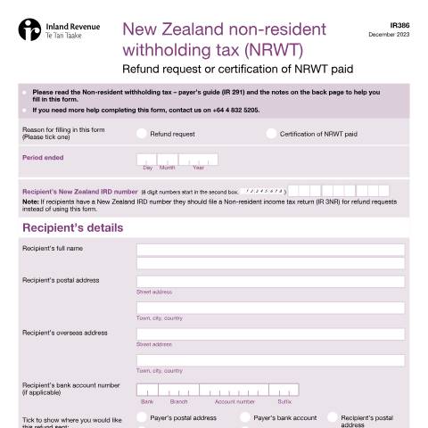 Document preview: New Zealand non-resident withholding tax (NRWT) — Income tax, New Zealand (CERFA n°IR386)