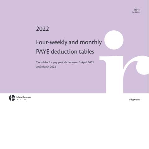 Document preview: Four-weekly and monthly PAYE deduction tables — Income tax, New Zealand (CERFA n°IR341)