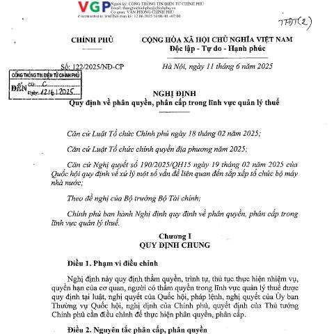 Document preview: Nghị định số 122/2025/NĐ-CP của Chính phủ: Quy định về phân quyền, phân cấp trong lĩnh vực quản lý thuế — Thuế / Tax, Việt Nam (CERFA n°122/2025/NĐ-CP)