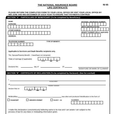 Document preview: NI65 Life Certificate Form Sept 2014 amended — Form, Trinidad & Tobago (CERFA n°NI65 Life Certificate Form Sept 2014 amended)