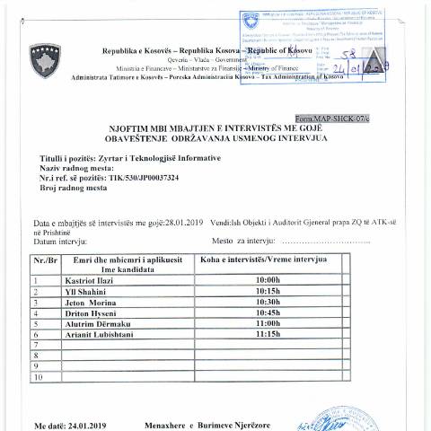 Document preview: Njoftim mbi mbajtjen e intervistes me gojë — Employment, Kosovë