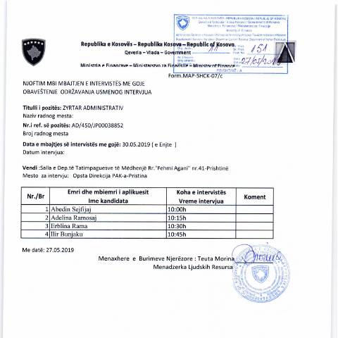 Document preview: NJOFTIM MBI MBAJTJEN E INTERVISTËS ME GOJË — Employment, Kosovë