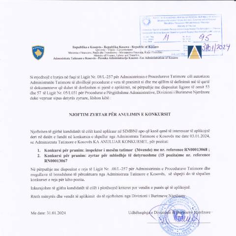 Document preview: Njoftim për anulim konkurseve — Employment, Kosovë