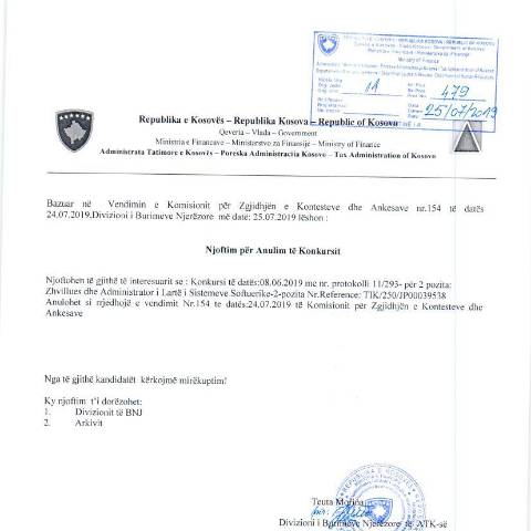 Document preview: Njoftim për anulim konkursi — Employment, Kosovë