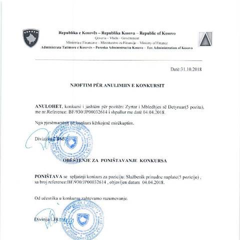 Document preview: Njoftim për anulim të konkursit — Employment, Kosovë