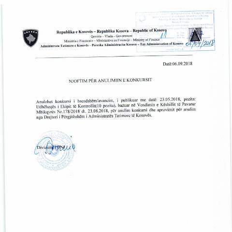 Document preview: Njoftim për anulim të konkursit — Employment, Kosovë