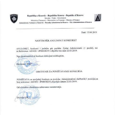 Document preview: Njoftim për anulimin e konkursit — Employment, Kosovë