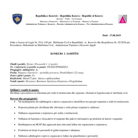 Document preview: NJOFTIM PËR I JASHTËM PËR REKRUTIM — Employment, Kosovë