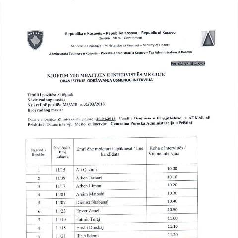 Document preview: Njoftimi i kandidatëve për intervistë me gojë — Employment, Kosovë