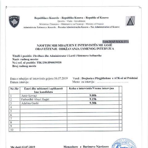 Document preview: Njoftim mbi mbajtjen e intervistës me gojë — Employment, Kosovë
