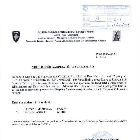 Document preview: Njoftim për kandidatët e suksesshëm — Employment, Kosovë