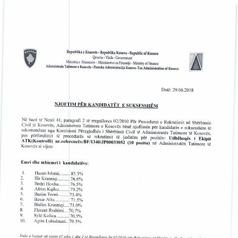 Document preview: Njoftim për kandidatët e suksesshëm — Employment, Kosovë