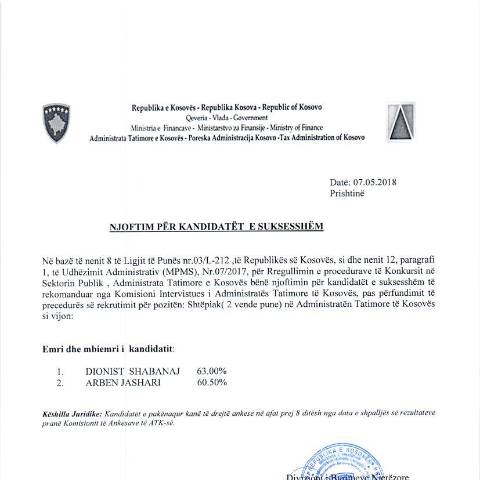 Document preview: Njoftim për kandidatët e suksesshëm — Employment, Kosovë