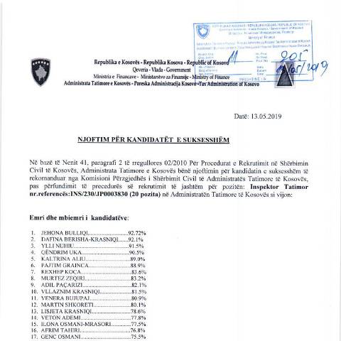 Document preview: NJOFTIM PËR KANDIDATËT E SUKSESSHËM — Employment, Kosovë