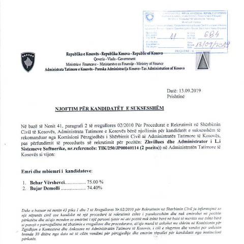 Document preview: Njoftim për kandidatët e suksesshëm — Employment, Kosovë