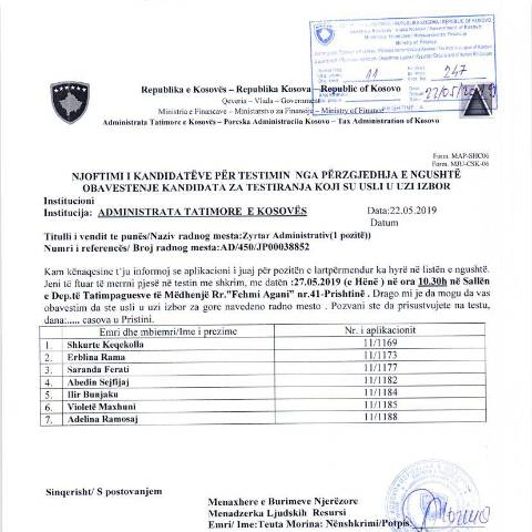 Document preview: NJOFTIM I KANDIDATËVE PËR TESTIM — Employment, Kosovë