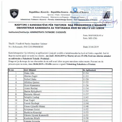 Document preview: Njoftim i kandidatëve për testimin nga përzgjedhja e ngushtë — Employment, Kosovë