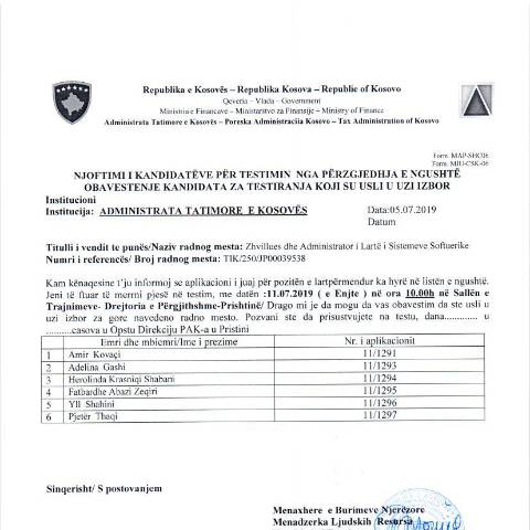 Document preview: Njoftim i kandidatëve për testimin nga përzgjedhja e ngushtë — Employment, Kosovë