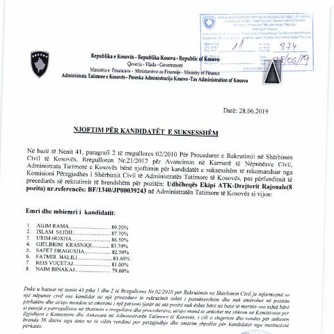 Document preview: Njoftim për kandidatin e suksesshëm — Employment, Kosovë