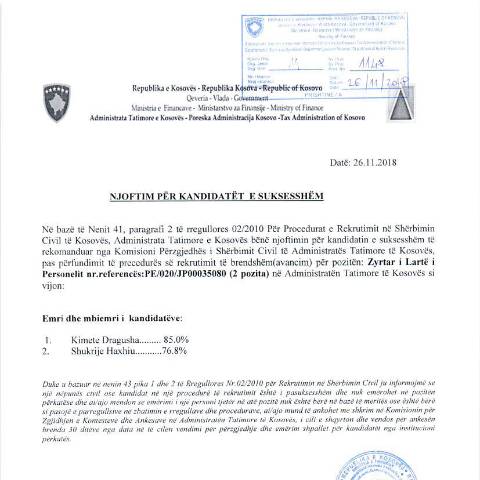 Document preview: Njoftim për kandidatin e suksesshëm — Employment, Kosovë