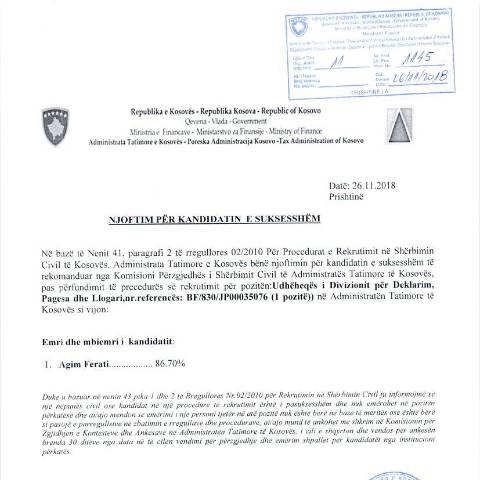 Document preview: Njoftim për kandidatin e suksesshëm — Employment, Kosovë