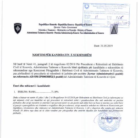 Document preview: NJOFTIM PËR KANDIDATIN E SUKSESSHËM — Employment, Kosovë