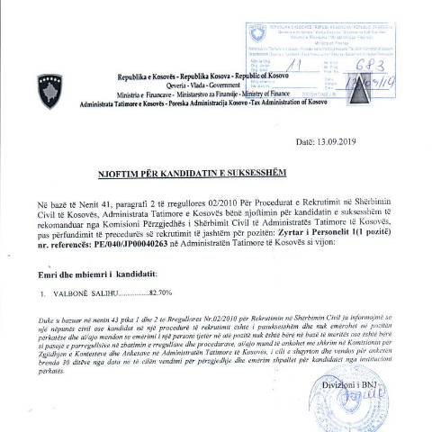 Document preview: Njoftim për kandidatin e suksesshëm — Employment, Kosovë