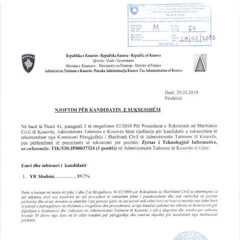 Document preview: Njoftim për kandidatin e suksesshëm — Employment, Kosovë