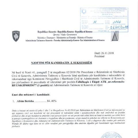 Document preview: Njoftim për kandidatin e suksesshëm — Employment, Kosovë