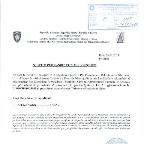 Document preview: Njoftim për kandidatin e suksesshëm — Employment, Kosovë