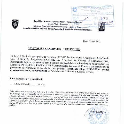 Document preview: Njoftim për kandidatin e suksesshëm — Employment, Kosovë