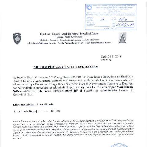 Document preview: Njoftim për kandidatin e suksesshëm — Employment, Kosovë
