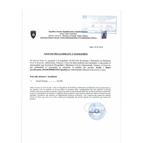 Document preview: Njoftim për kandidatin e suksesshëm — Employment, Kosovë
