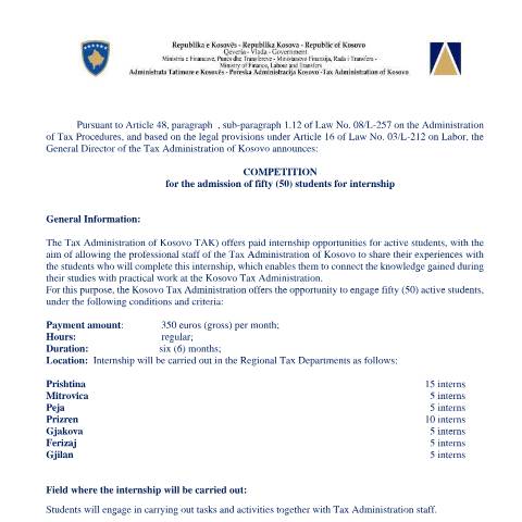 Document preview: Notice for Internship — Employment, Kosovë