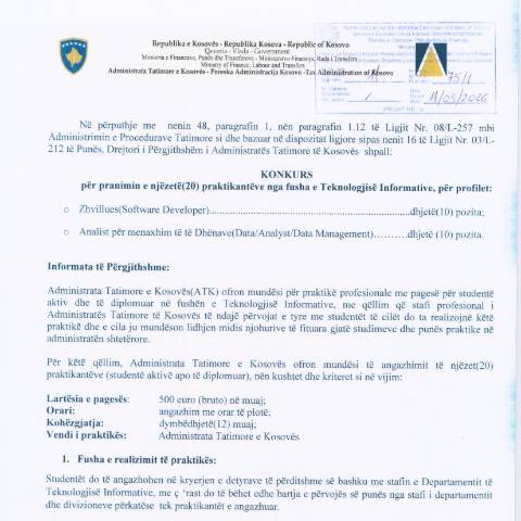 Document preview: Njoftim për punë praktike — Employment, Kosovë