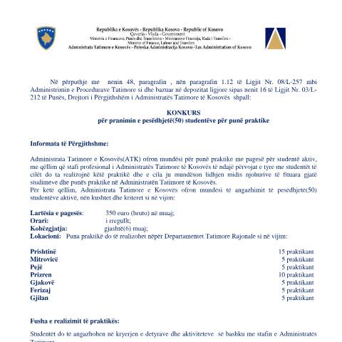 Document preview: Njoftim për punë praktike — Employment, Kosovë