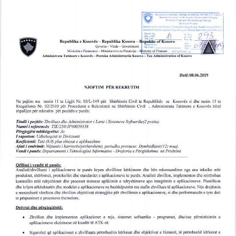 Document preview: NJOFTIM PËR REKRUTIM — Employment, Kosovë