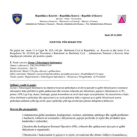Document preview: Njoftim për rekrutim — Employment, Kosovë