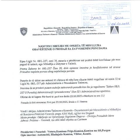 Document preview: NJOFTIM I SHITJES ME OFERTA TË MBYLLURA — Tenderetshpallje Publike, Kosovë