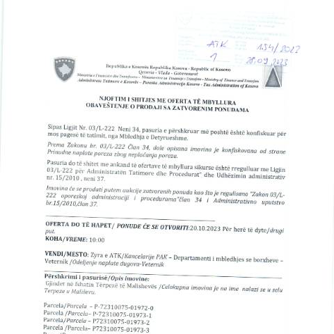 Document preview: NJOFTIM I SHITJES ME OFERTA TË MBYLLURA — Tenderetshpallje Publike, Kosovë