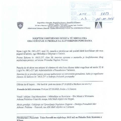 Document preview: NJOFTIM I SHITJES ME OFERTA TË MBYLLURA — Tenderetshpallje Publike, Kosovë