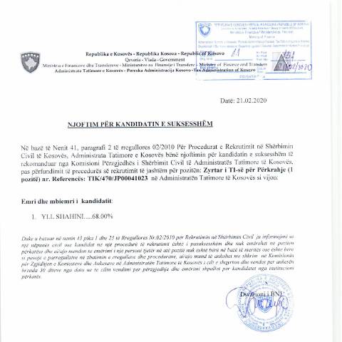 Document preview: Njoftim për kandidatin e suksesshëm Zyrtar i TI-së — Employment, Kosovë
