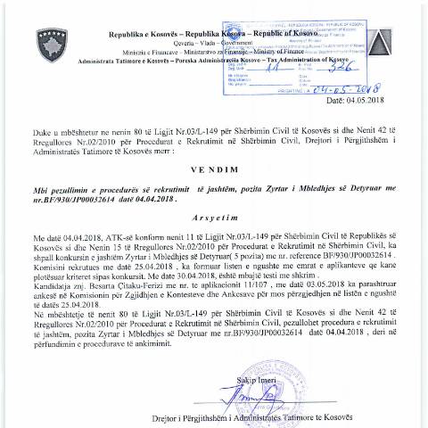 Document preview: Njoftim i kandidatëve për pezullimin e konkursit të jashtëm — Employment, Kosovë
