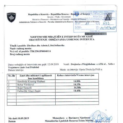 Document preview: Njoftimi mbi mbajtjen e intervistës me gojë — Employment, Kosovë