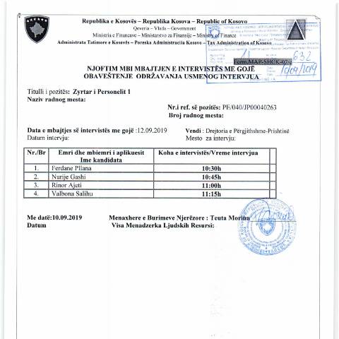 Document preview: Njoftimi mbi mbajtjen e intervistës me gojë — Employment, Kosovë