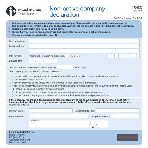 Document preview: Non-active company declaration — Income tax, New Zealand (CERFA n°IR433)