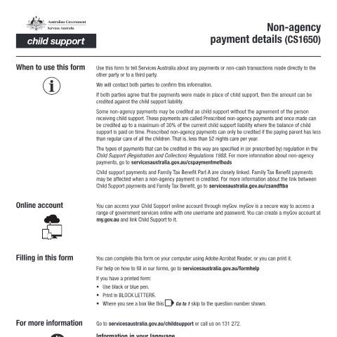Document preview: Non-agency payment details — Services Australia — Individuals (by code), Australia (CERFA n°CS1650)